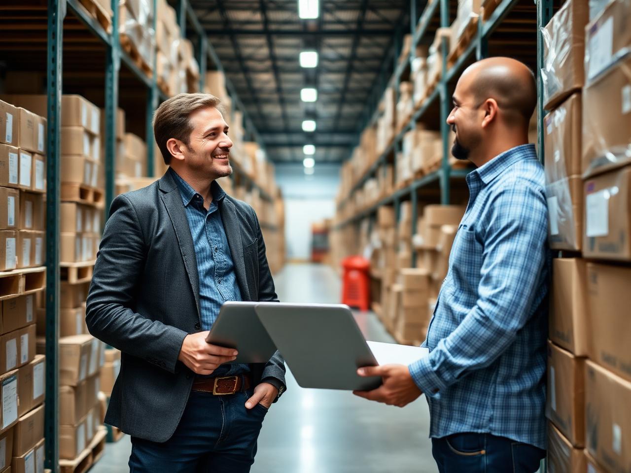 Representante comercial visitando um cliente distribuidor em um centro de distribuição